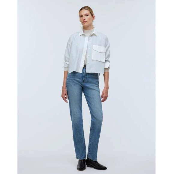 Madewell Flap-Pocket Crop Button-Up Shirt in Poplin Pin Striped Size S - Picture 1 of 11